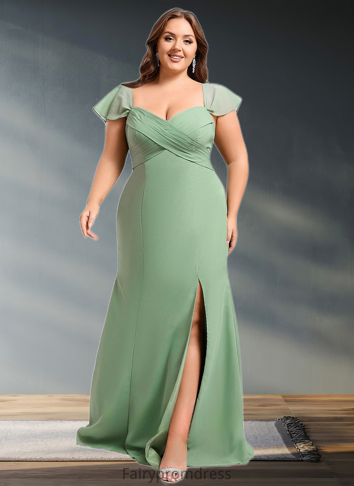 Larissa Trumpet/Mermaid Off the Shoulder V-Neck Floor-Length Chiffon Bridesmaid Dress DJP0025810