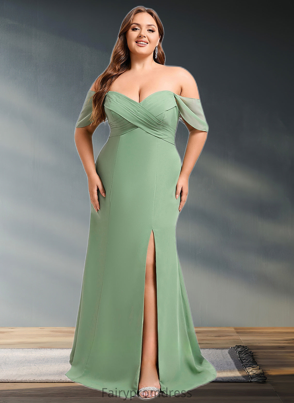 Larissa Trumpet/Mermaid Off the Shoulder V-Neck Floor-Length Chiffon Bridesmaid Dress DJP0025810