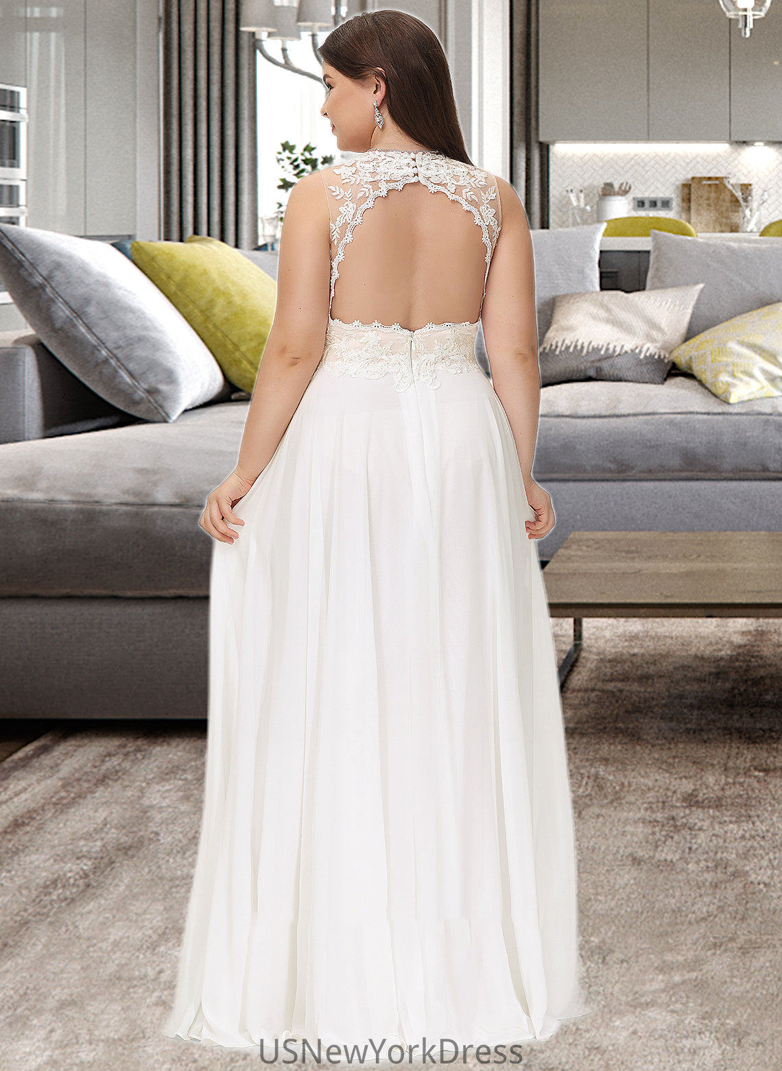 Penny A-Line V-neck Sweep Train Chiffon Lace Wedding Dress With Lace DJP0013677