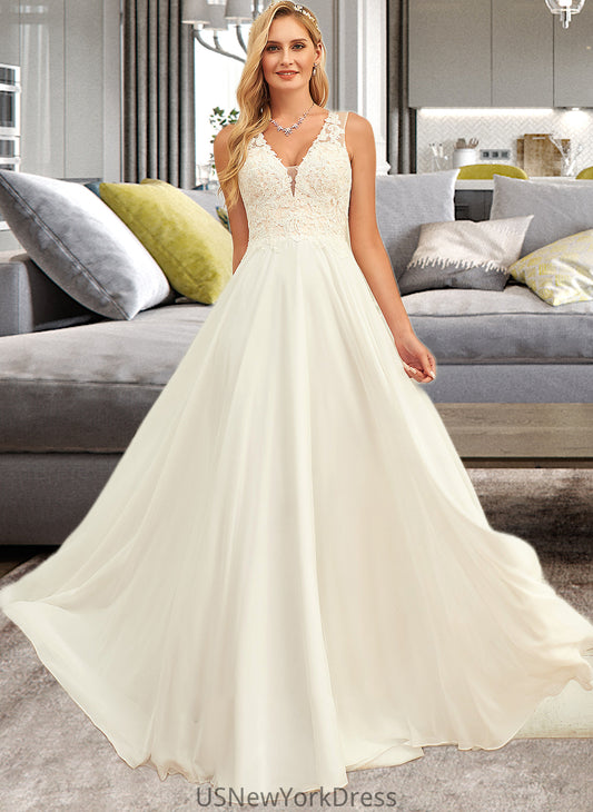 Penny A-Line V-neck Sweep Train Chiffon Lace Wedding Dress With Lace DJP0013677