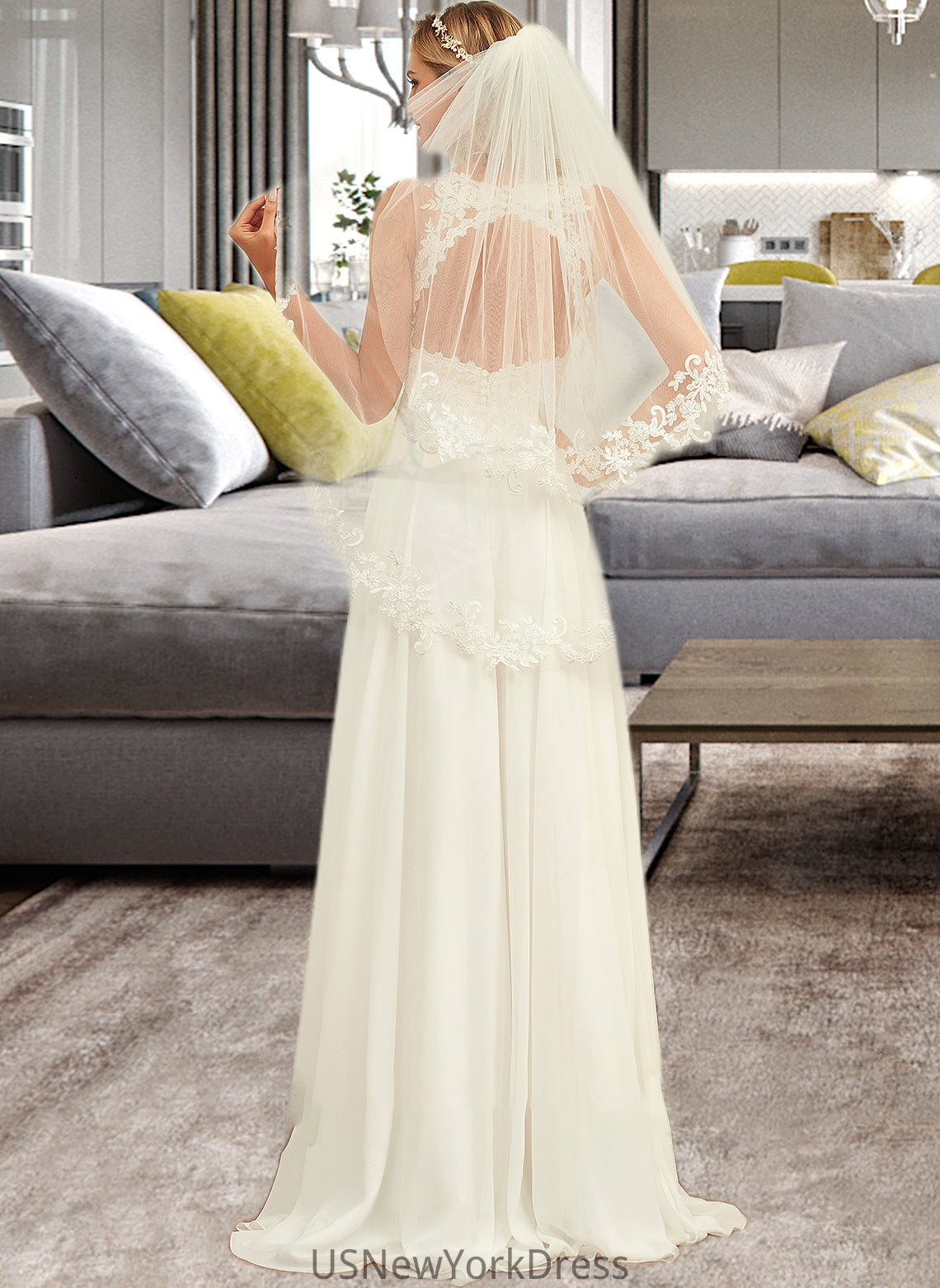 Penny A-Line V-neck Sweep Train Chiffon Lace Wedding Dress With Lace DJP0013677