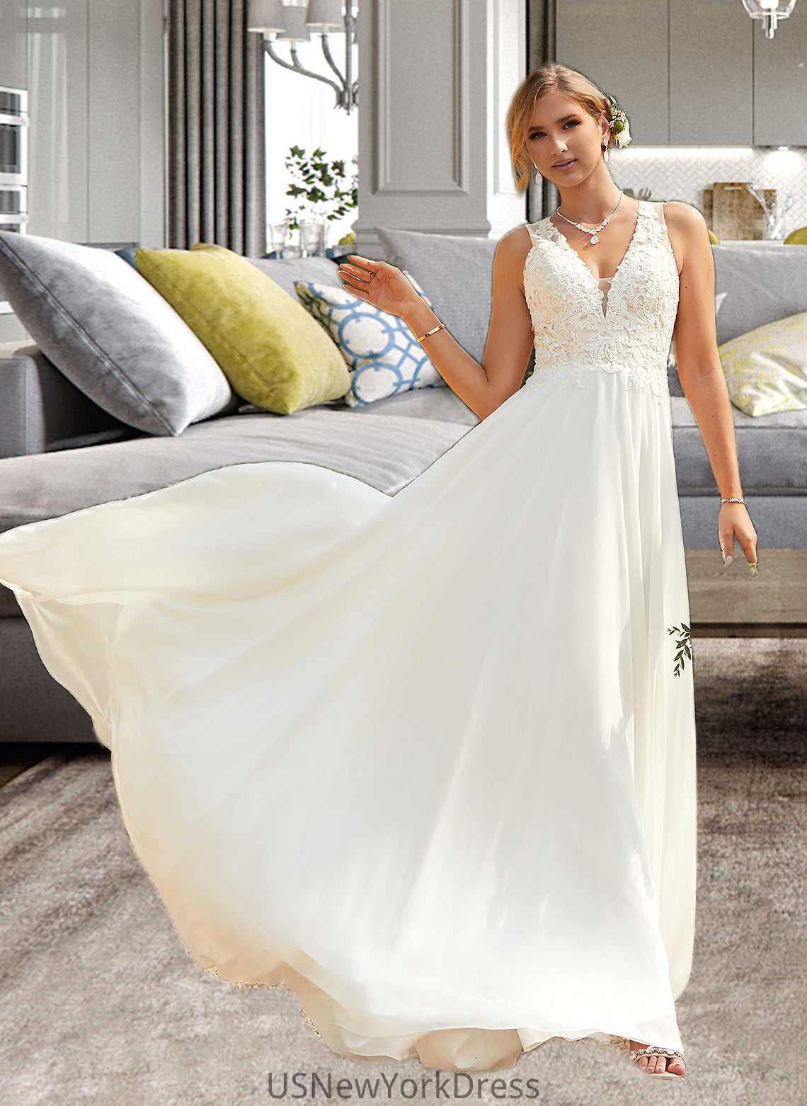 Penny A-Line V-neck Sweep Train Chiffon Lace Wedding Dress With Lace DJP0013677