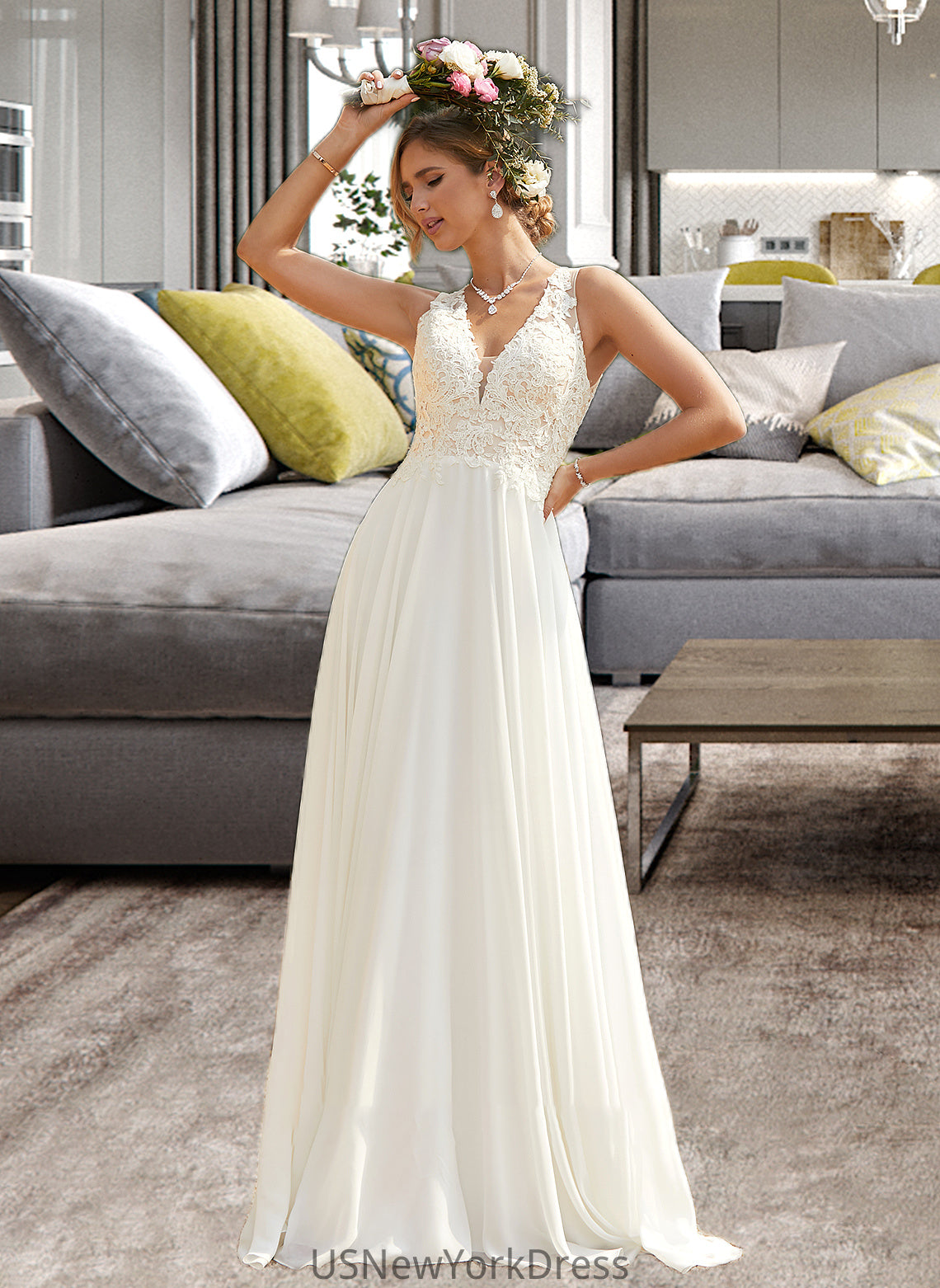 Penny A-Line V-neck Sweep Train Chiffon Lace Wedding Dress With Lace DJP0013677