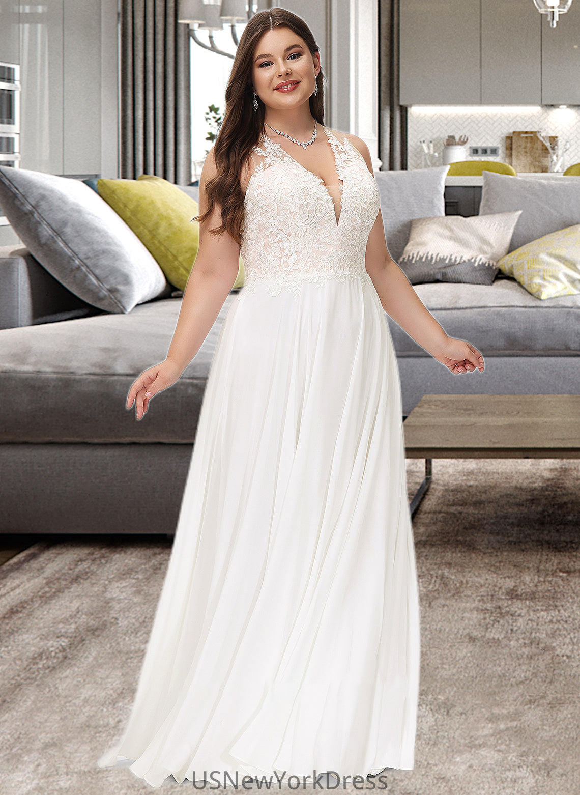 Penny A-Line V-neck Sweep Train Chiffon Lace Wedding Dress With Lace DJP0013677