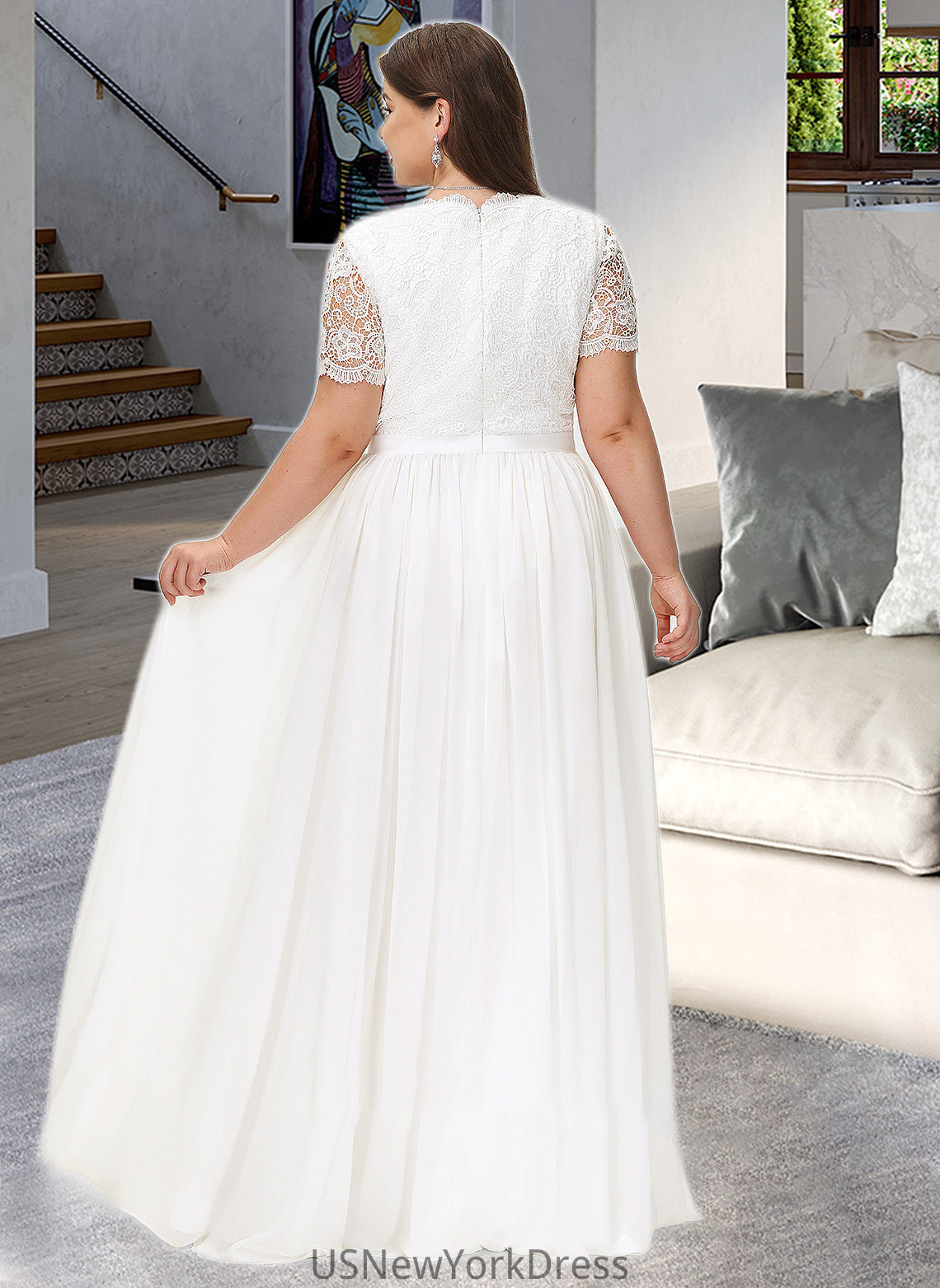 Jaylin A-Line V-neck Floor-Length Chiffon Lace Wedding Dress DJP0013678