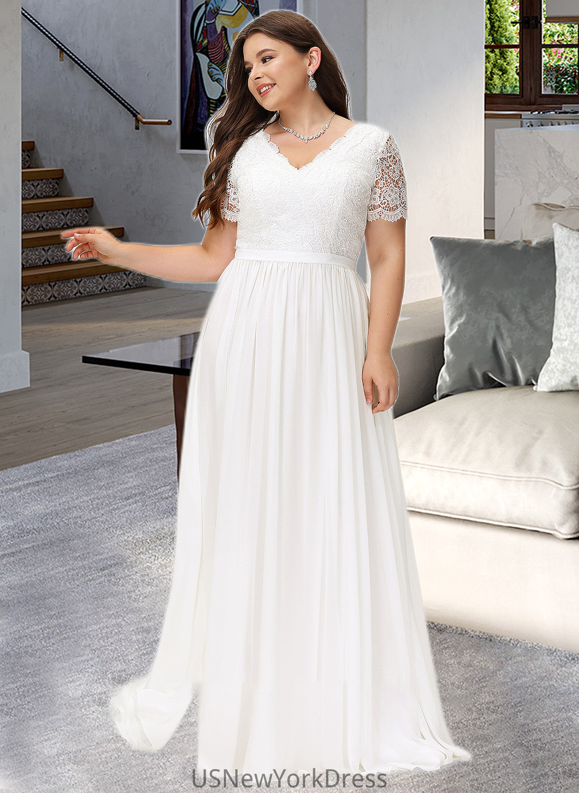 Jaylin A-Line V-neck Floor-Length Chiffon Lace Wedding Dress DJP0013678