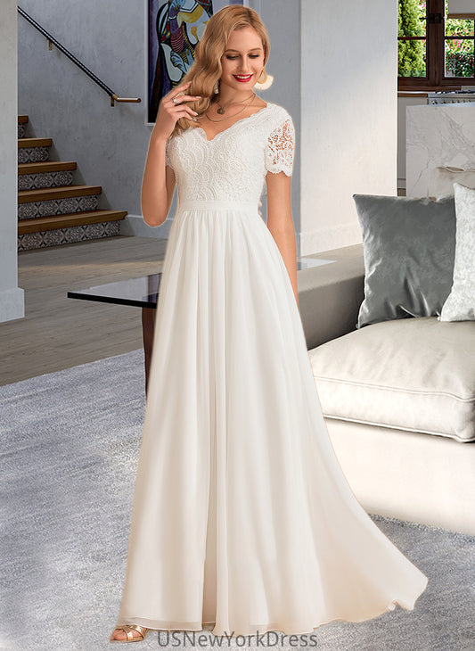 Jaylin A-Line V-neck Floor-Length Chiffon Lace Wedding Dress DJP0013678