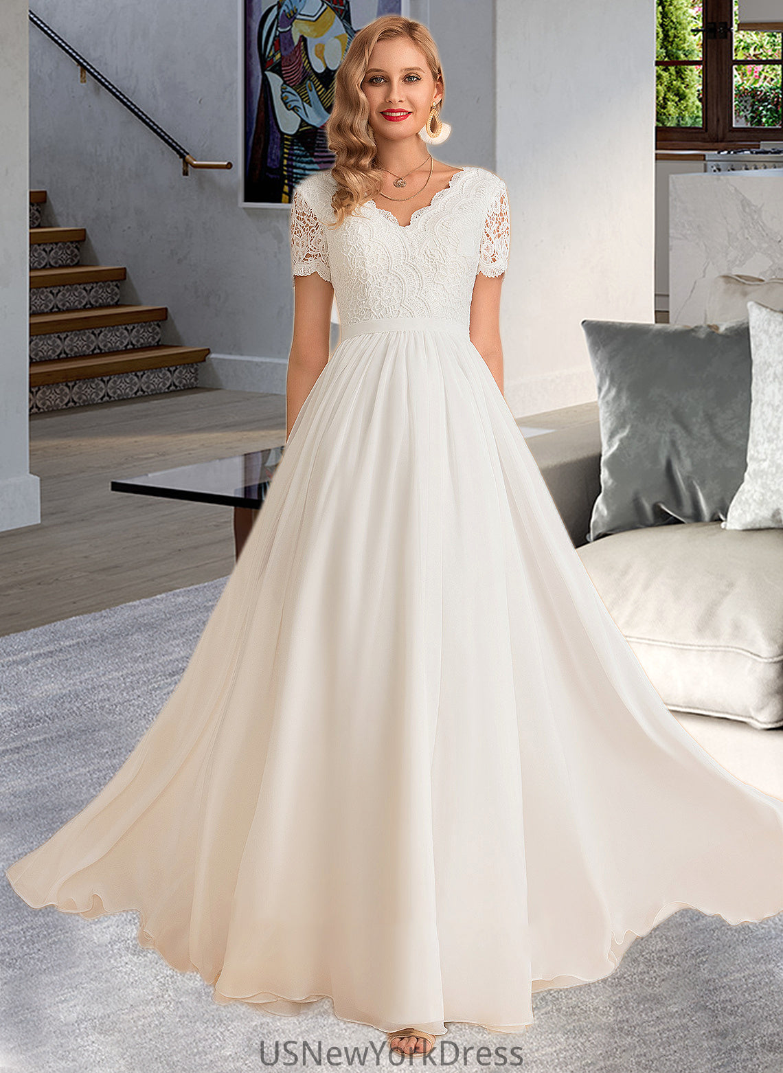 Jaylin A-Line V-neck Floor-Length Chiffon Lace Wedding Dress DJP0013678