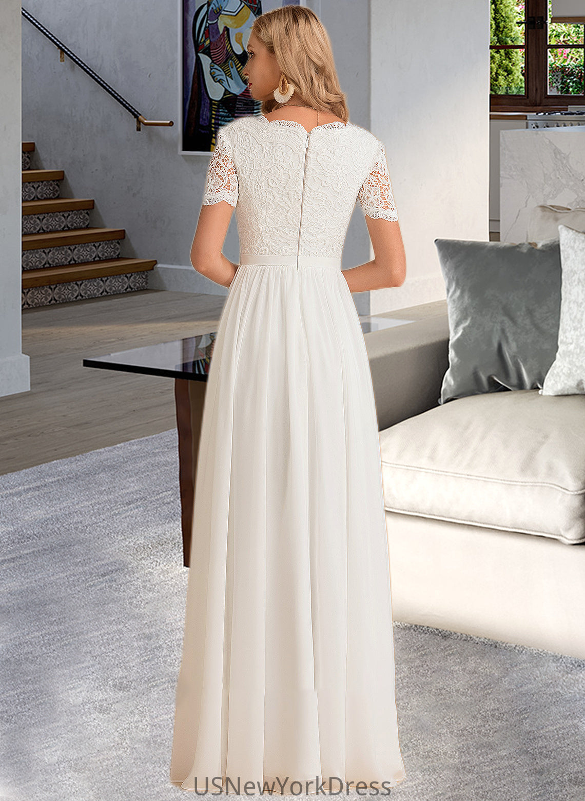 Jaylin A-Line V-neck Floor-Length Chiffon Lace Wedding Dress DJP0013678