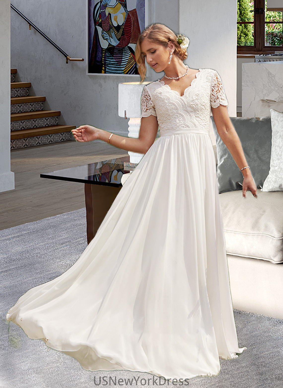 Jaylin A-Line V-neck Floor-Length Chiffon Lace Wedding Dress DJP0013678