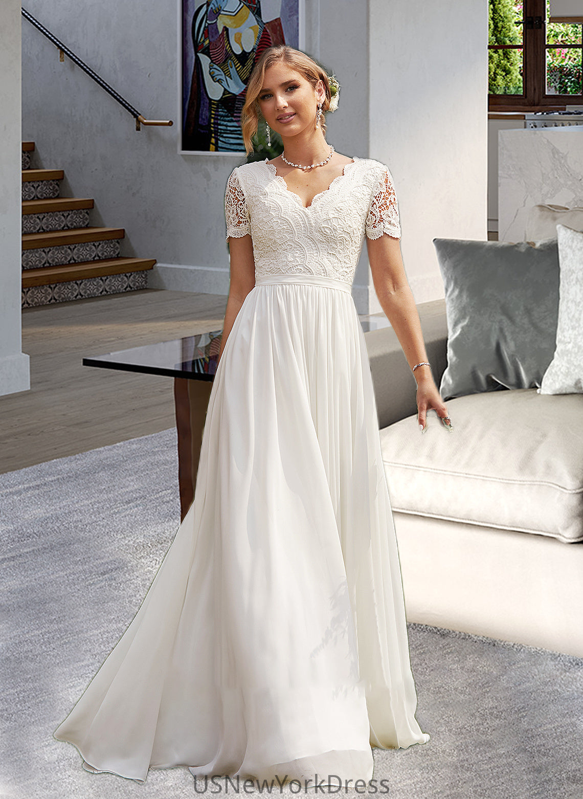 Jaylin A-Line V-neck Floor-Length Chiffon Lace Wedding Dress DJP0013678