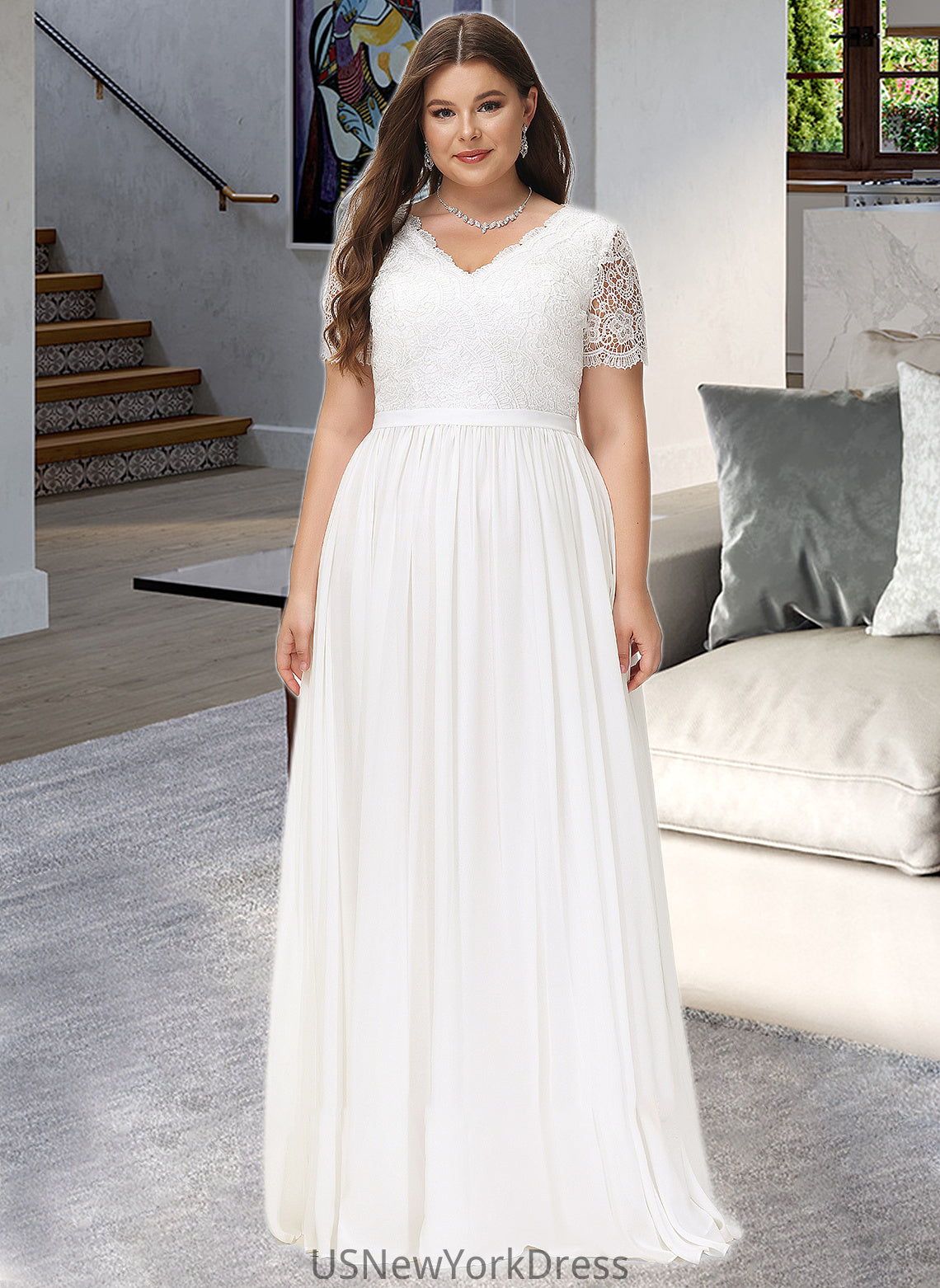 Jaylin A-Line V-neck Floor-Length Chiffon Lace Wedding Dress DJP0013678