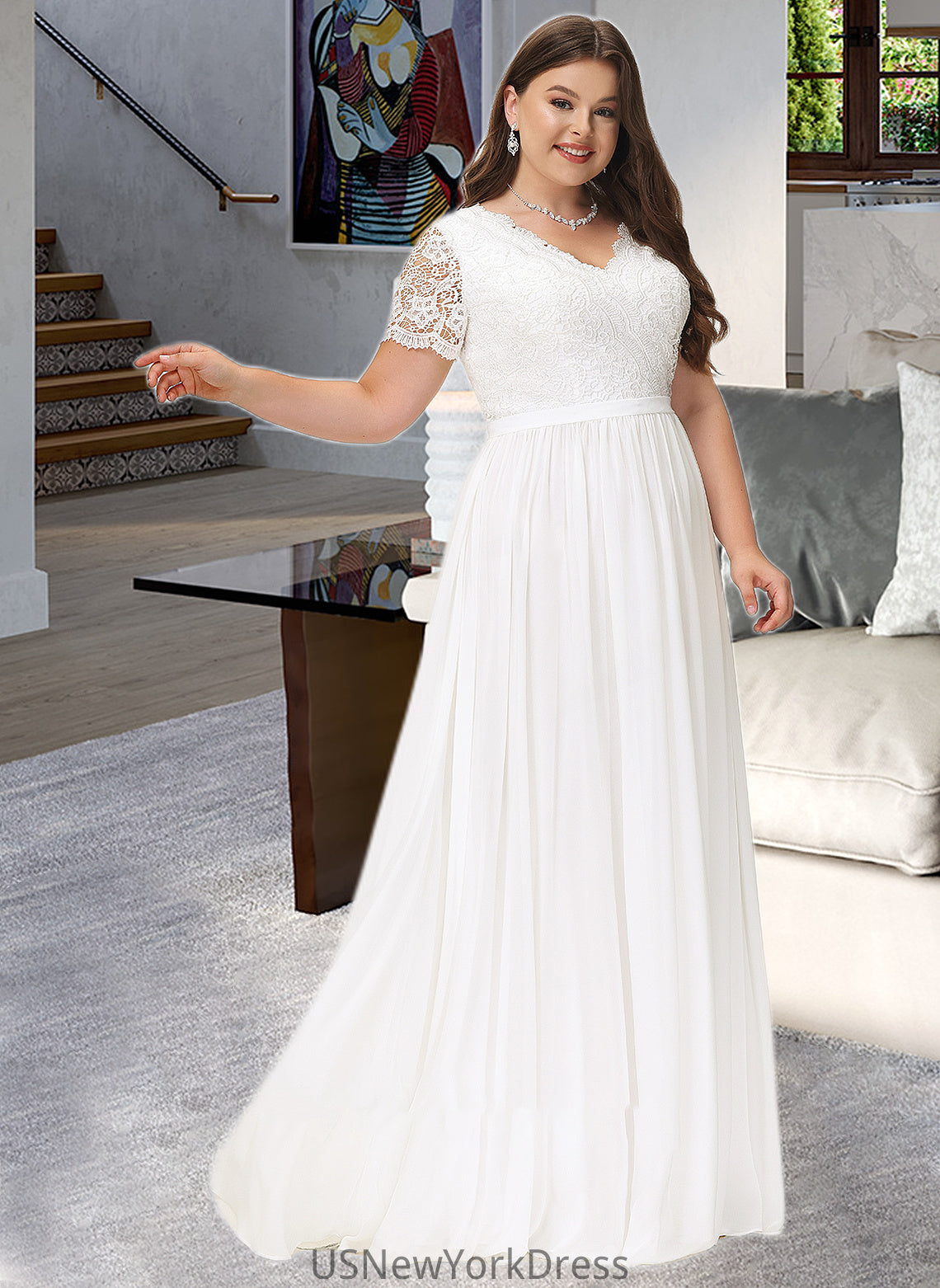 Jaylin A-Line V-neck Floor-Length Chiffon Lace Wedding Dress DJP0013678