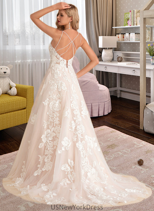 Kristin Ball-Gown/Princess V-neck Court Train Tulle Lace Wedding Dress With Beading Pockets DJP0013679