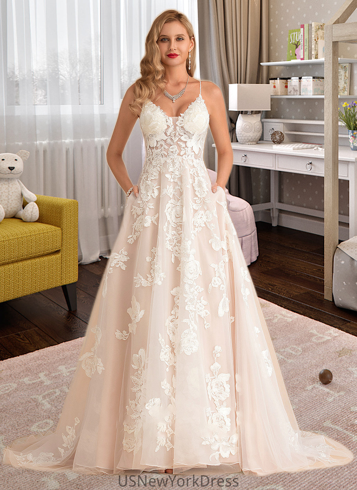 Kristin Ball-Gown/Princess V-neck Court Train Tulle Lace Wedding Dress With Beading Pockets DJP0013679