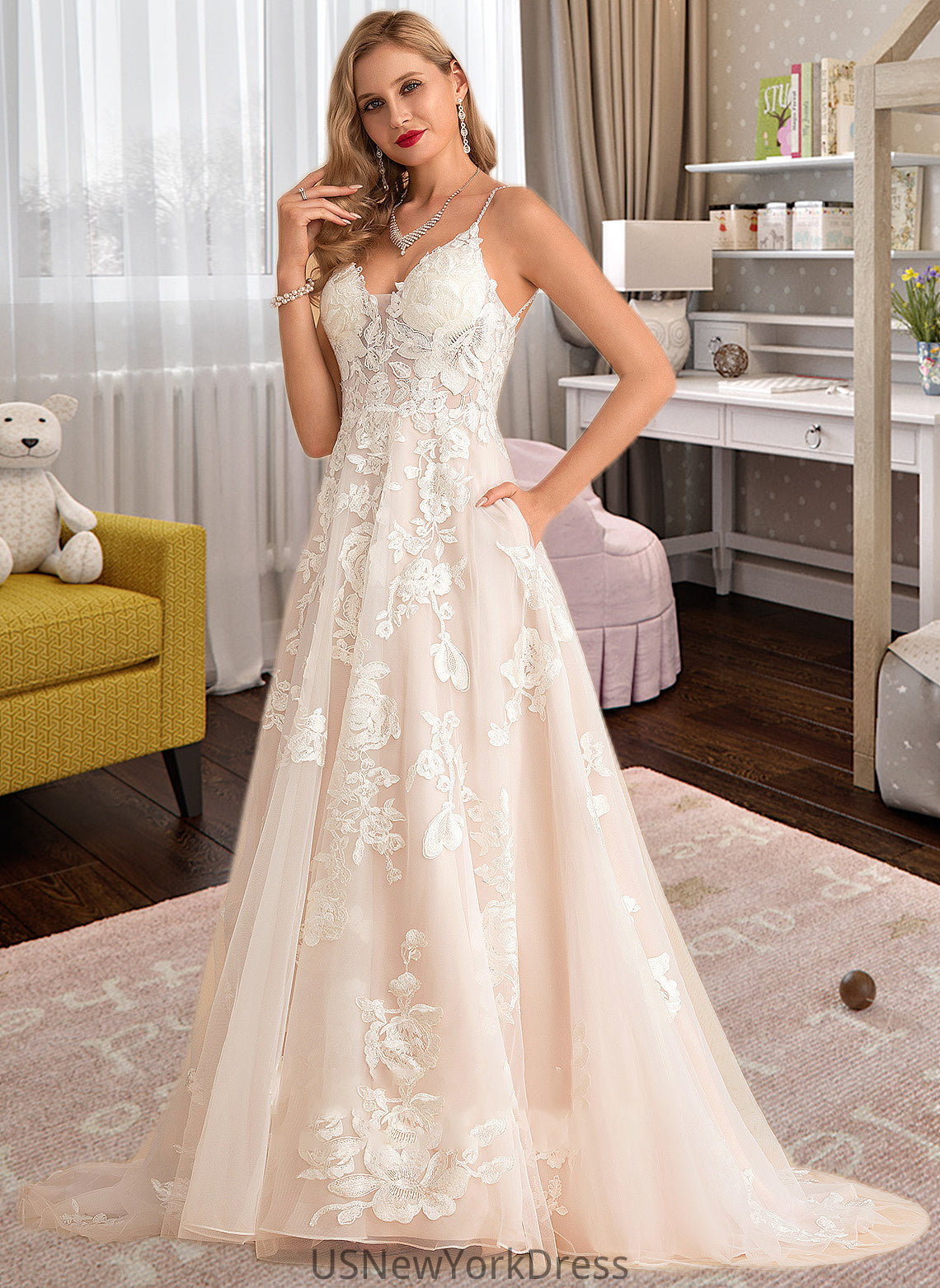 Kristin Ball-Gown/Princess V-neck Court Train Tulle Lace Wedding Dress With Beading Pockets DJP0013679