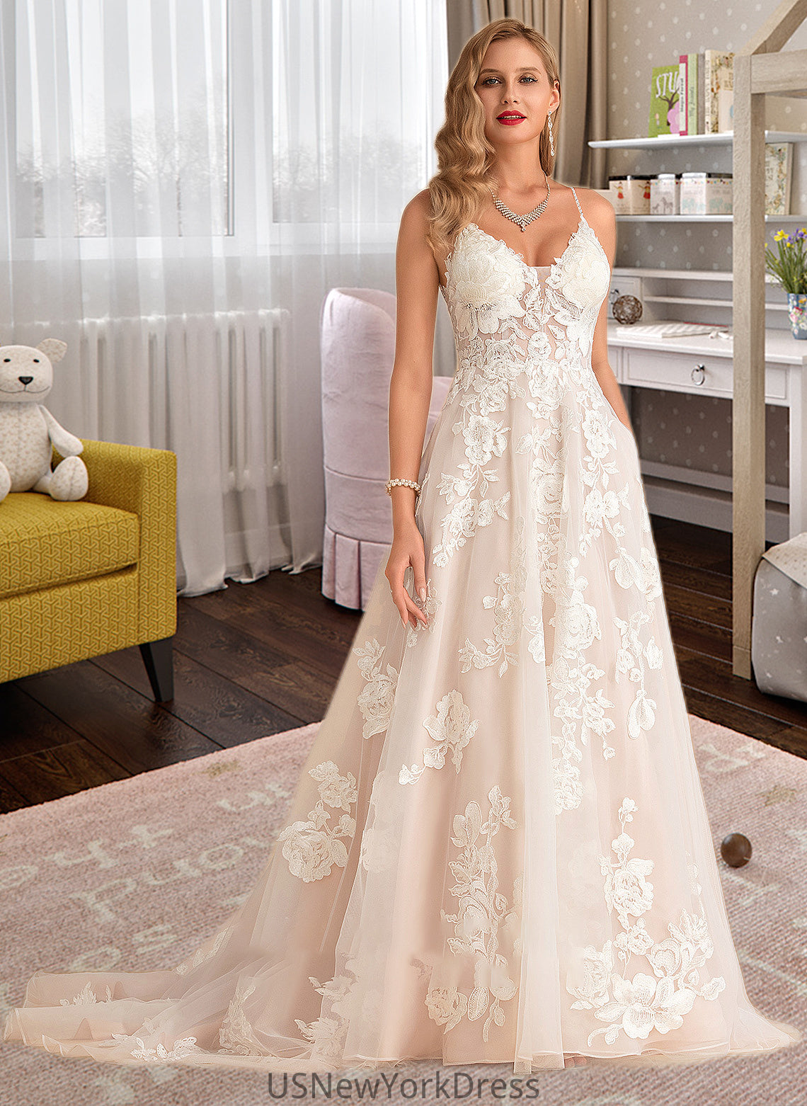 Kristin Ball-Gown/Princess V-neck Court Train Tulle Lace Wedding Dress With Beading Pockets DJP0013679