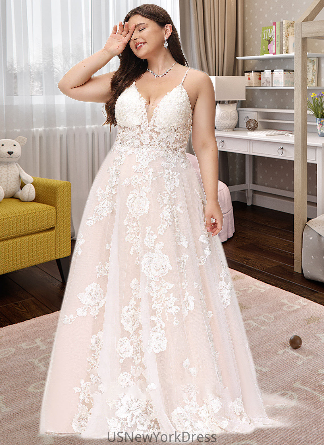 Kristin Ball-Gown/Princess V-neck Court Train Tulle Lace Wedding Dress With Beading Pockets DJP0013679