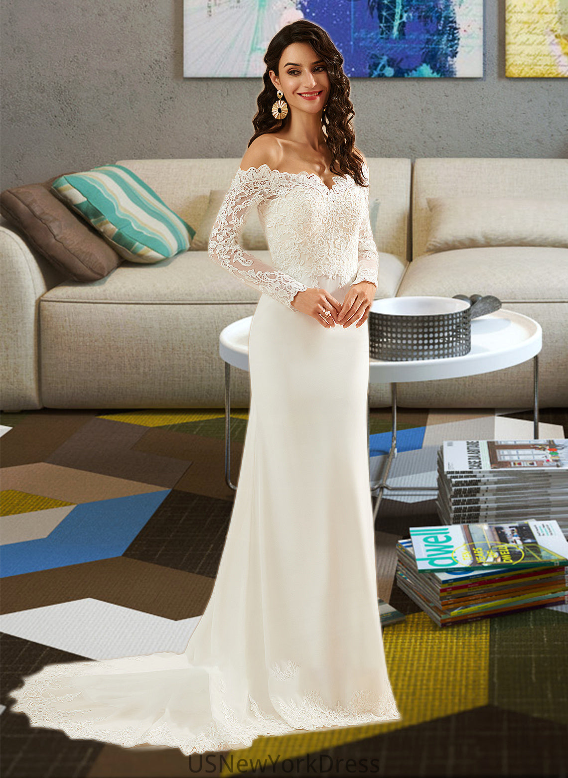 Alisha Trumpet/Mermaid Off-the-Shoulder Court Train Wedding Dress With Lace DJP0013680