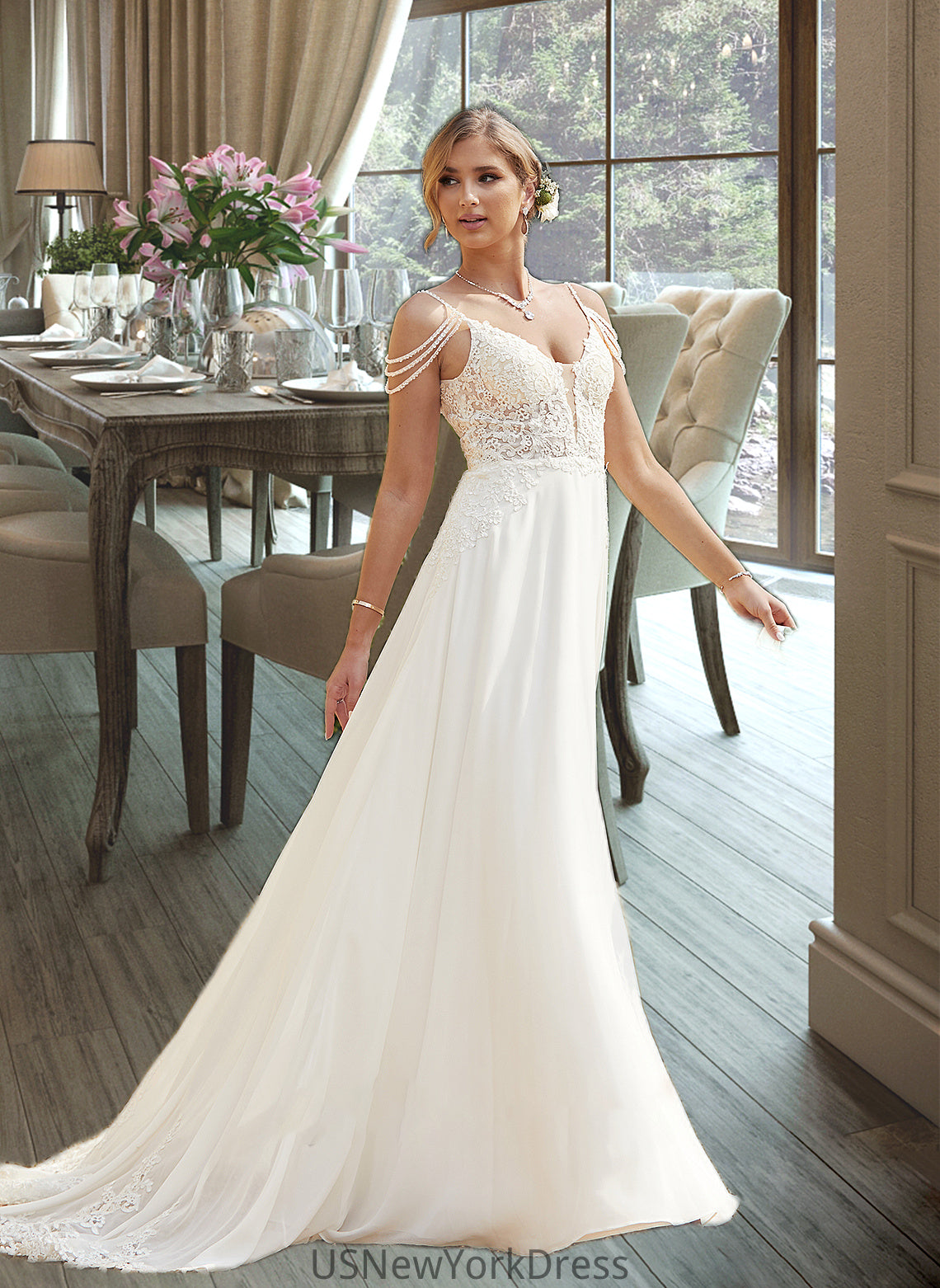 Annalise A-Line V-neck Sweep Train Chiffon Lace Wedding Dress With Beading Sequins DJP0013681