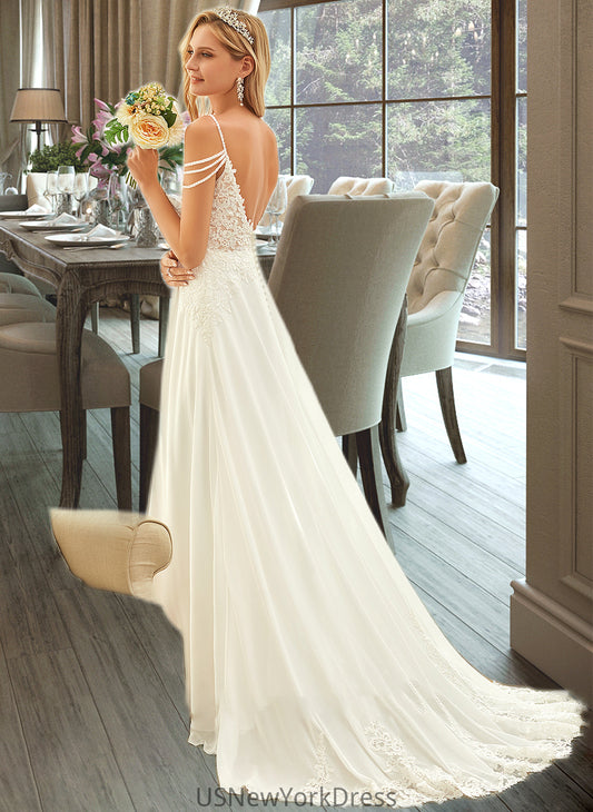 Annalise A-Line V-neck Sweep Train Chiffon Lace Wedding Dress With Beading Sequins DJP0013681