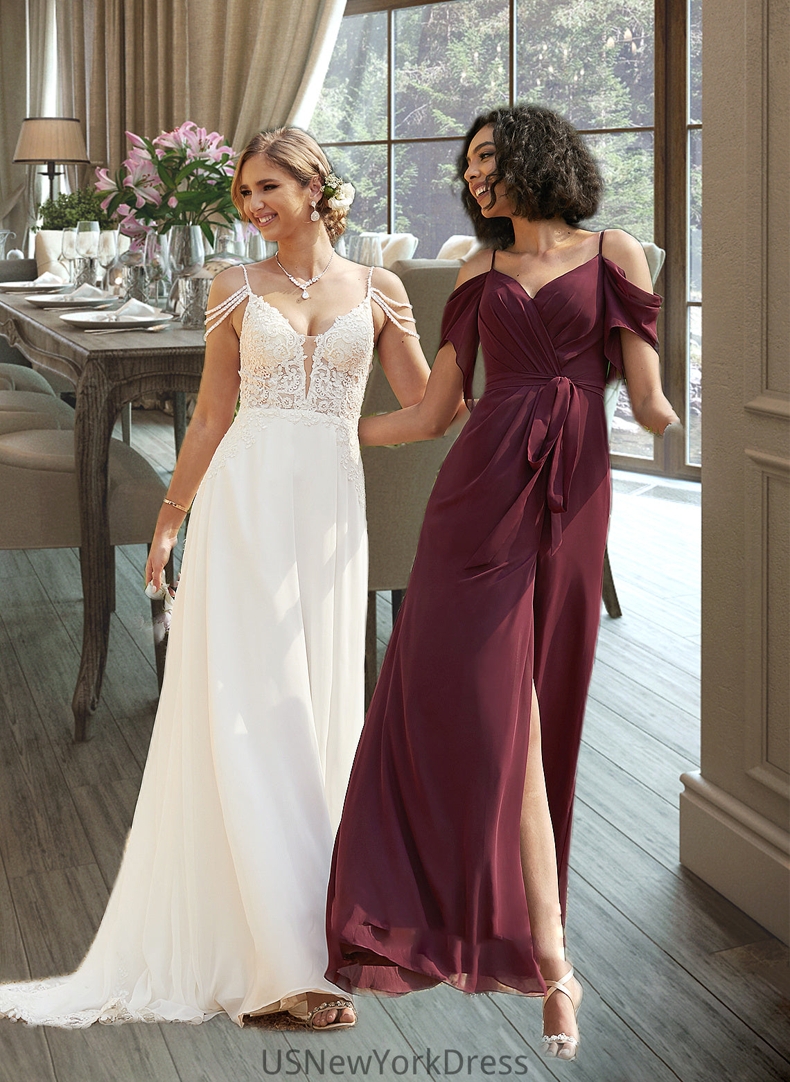 Annalise A-Line V-neck Sweep Train Chiffon Lace Wedding Dress With Beading Sequins DJP0013681