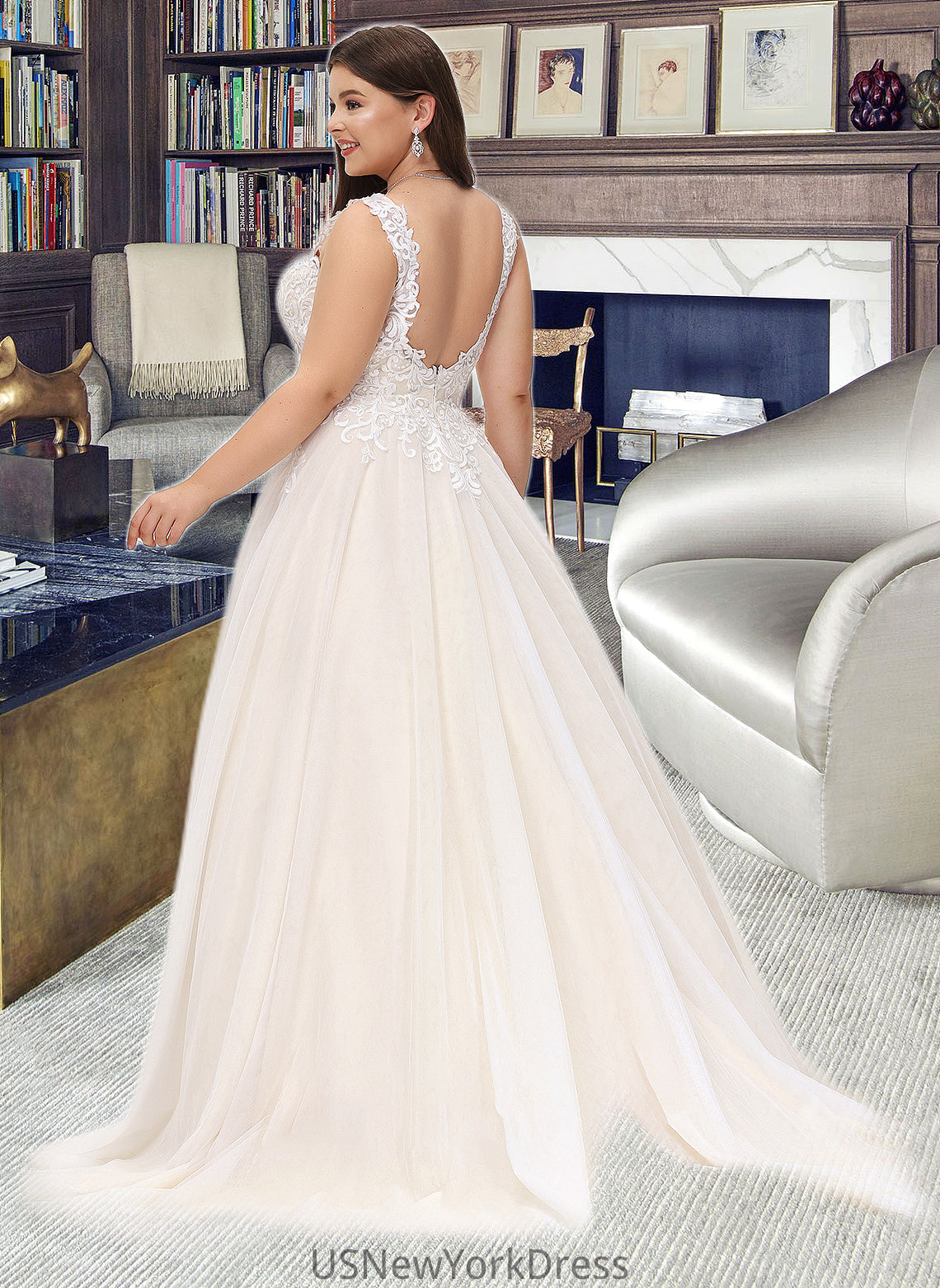 Sandra Ball-Gown/Princess V-neck Court Train Tulle Wedding Dress DJP0013682