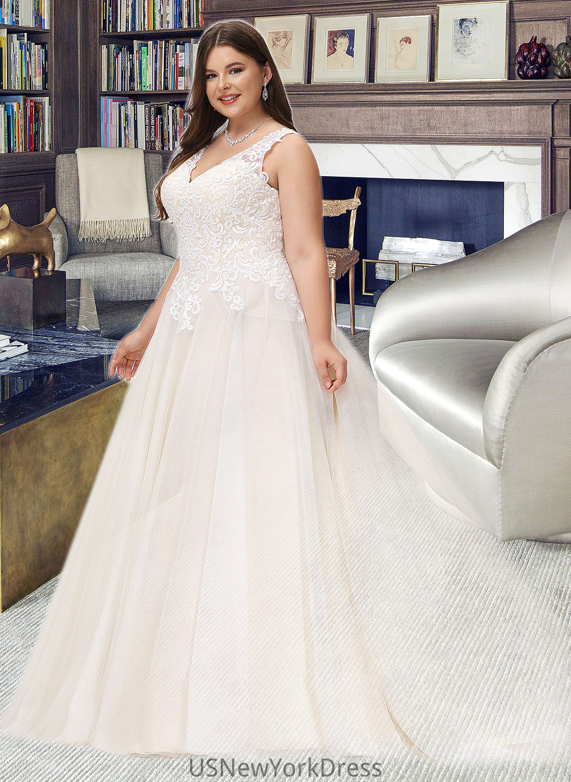 Sandra Ball-Gown/Princess V-neck Court Train Tulle Wedding Dress DJP0013682