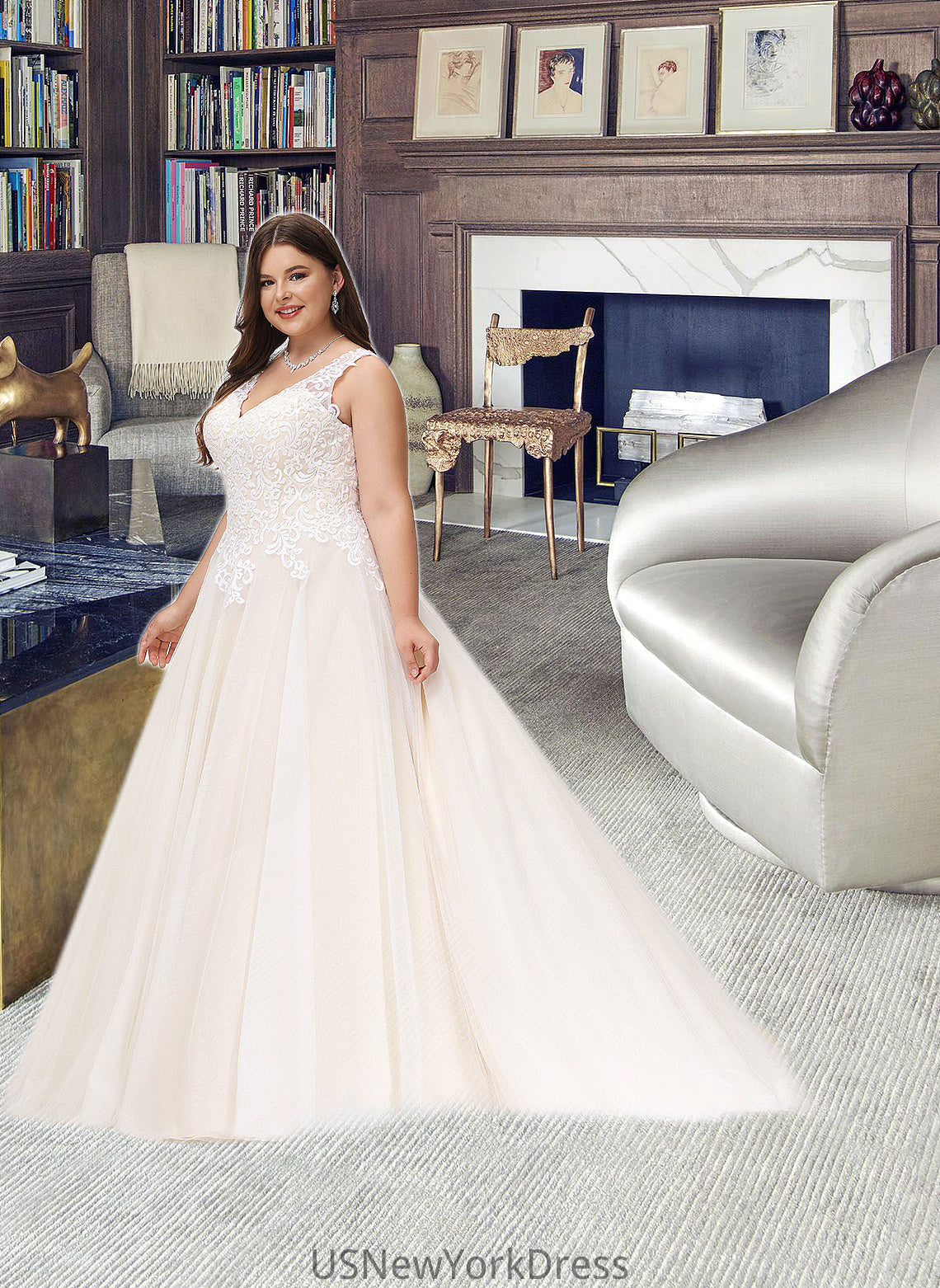 Sandra Ball-Gown/Princess V-neck Court Train Tulle Wedding Dress DJP0013682