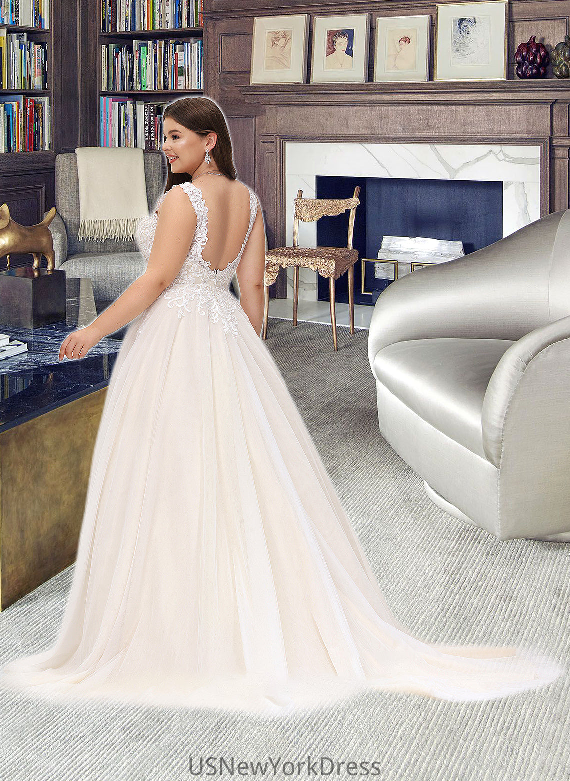 Sandra Ball-Gown/Princess V-neck Court Train Tulle Wedding Dress DJP0013682