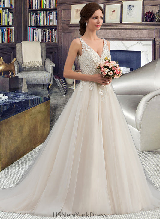 Sandra Ball-Gown/Princess V-neck Court Train Tulle Wedding Dress DJP0013682