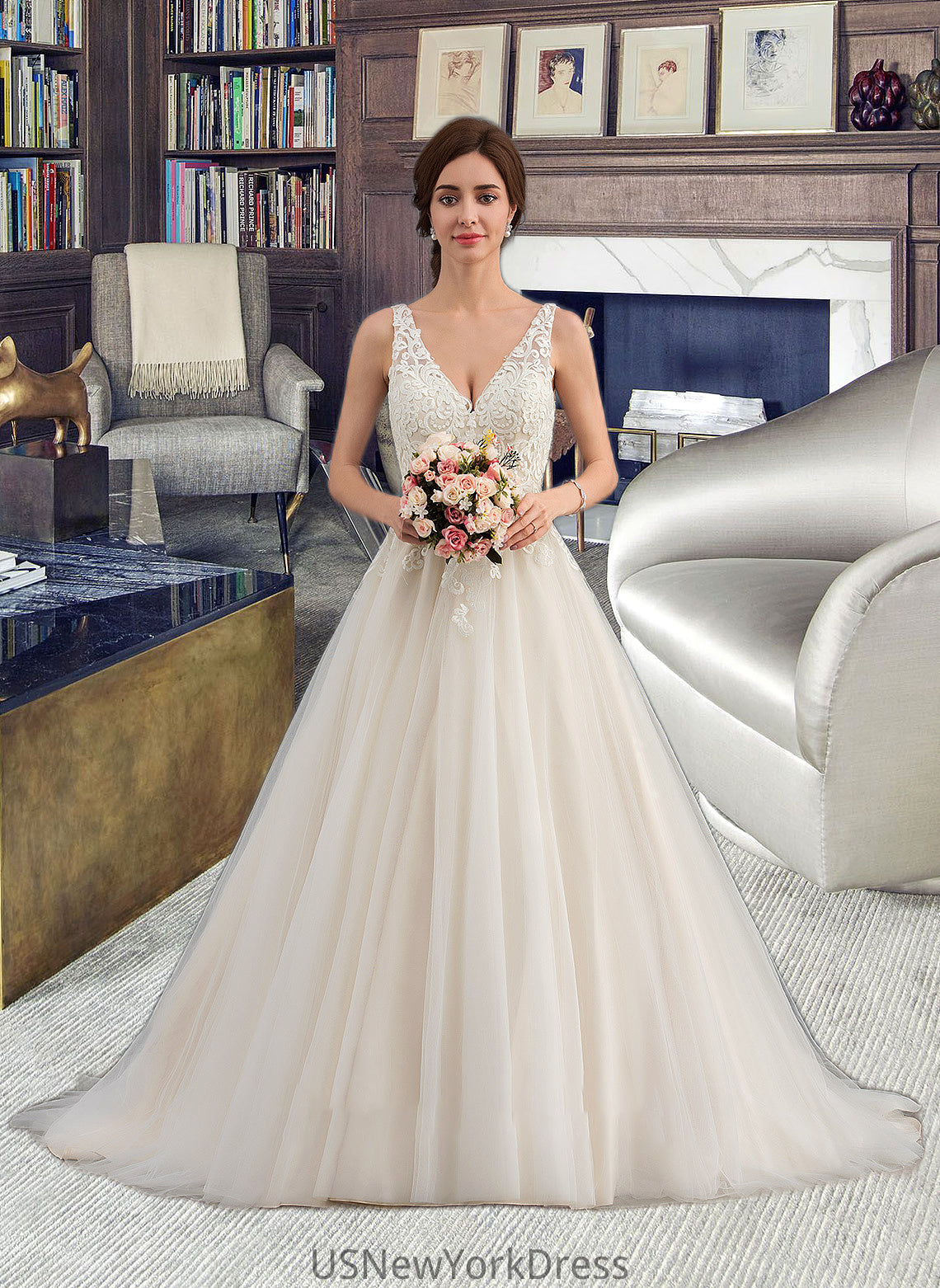 Sandra Ball-Gown/Princess V-neck Court Train Tulle Wedding Dress DJP0013682