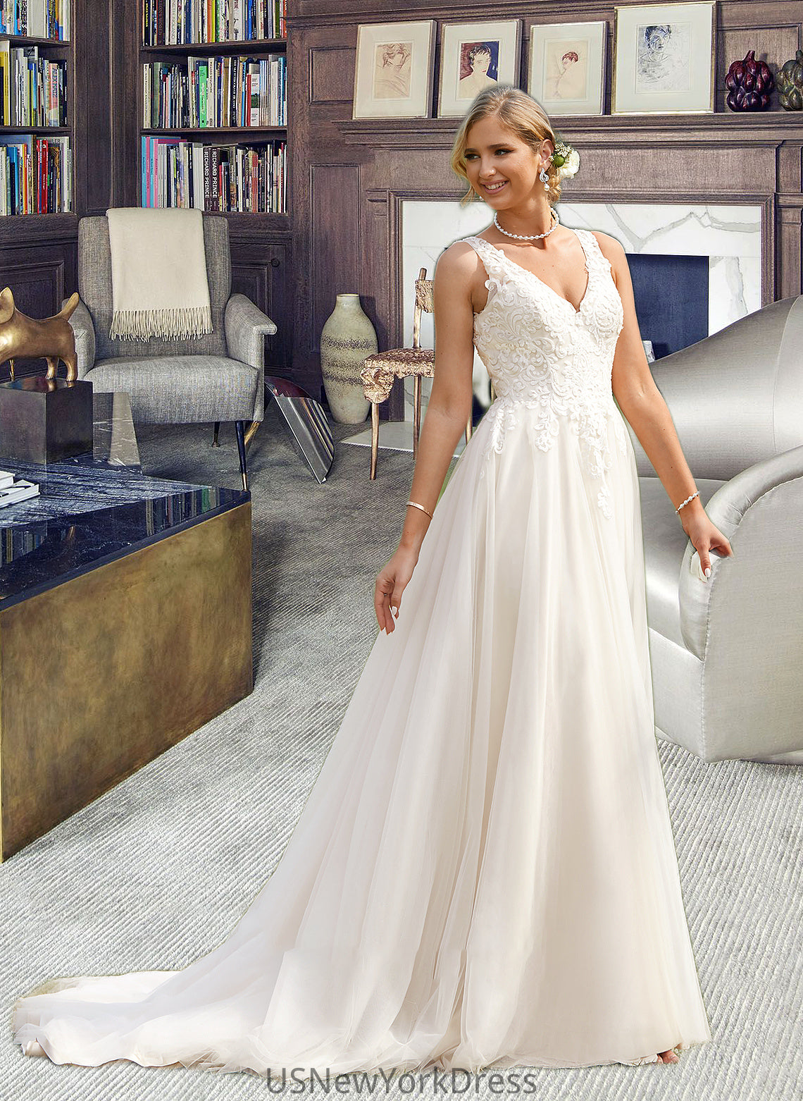 Sandra Ball-Gown/Princess V-neck Court Train Tulle Wedding Dress DJP0013682