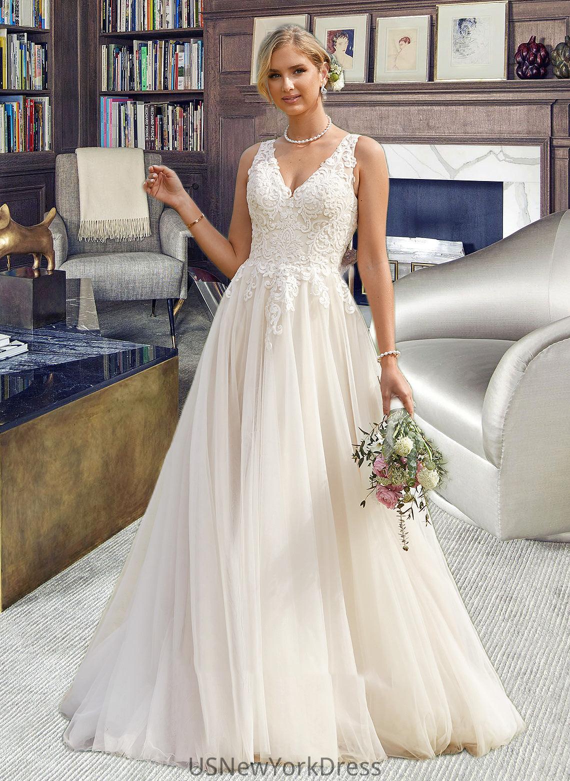 Sandra Ball-Gown/Princess V-neck Court Train Tulle Wedding Dress DJP0013682