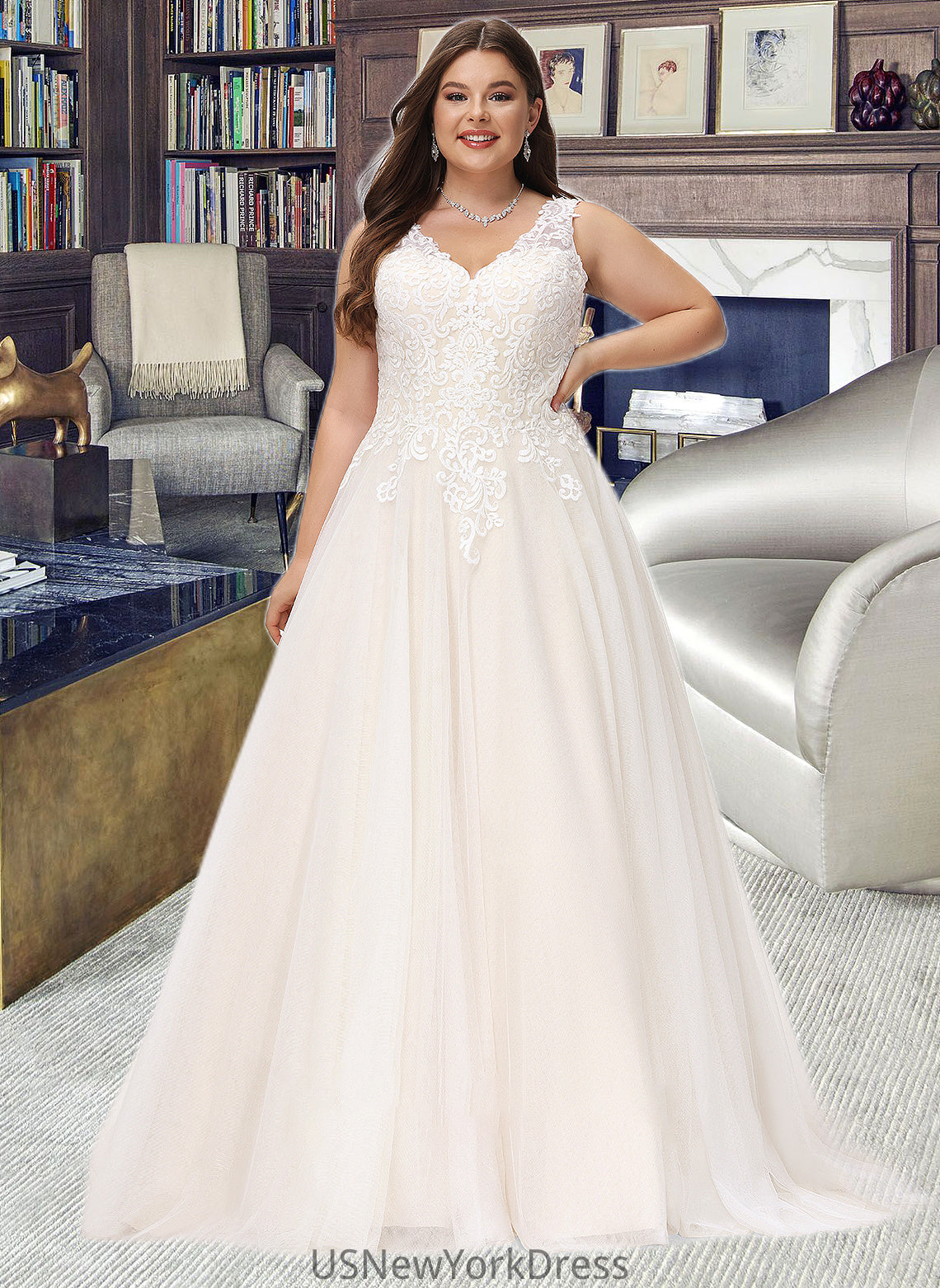 Sandra Ball-Gown/Princess V-neck Court Train Tulle Wedding Dress DJP0013682