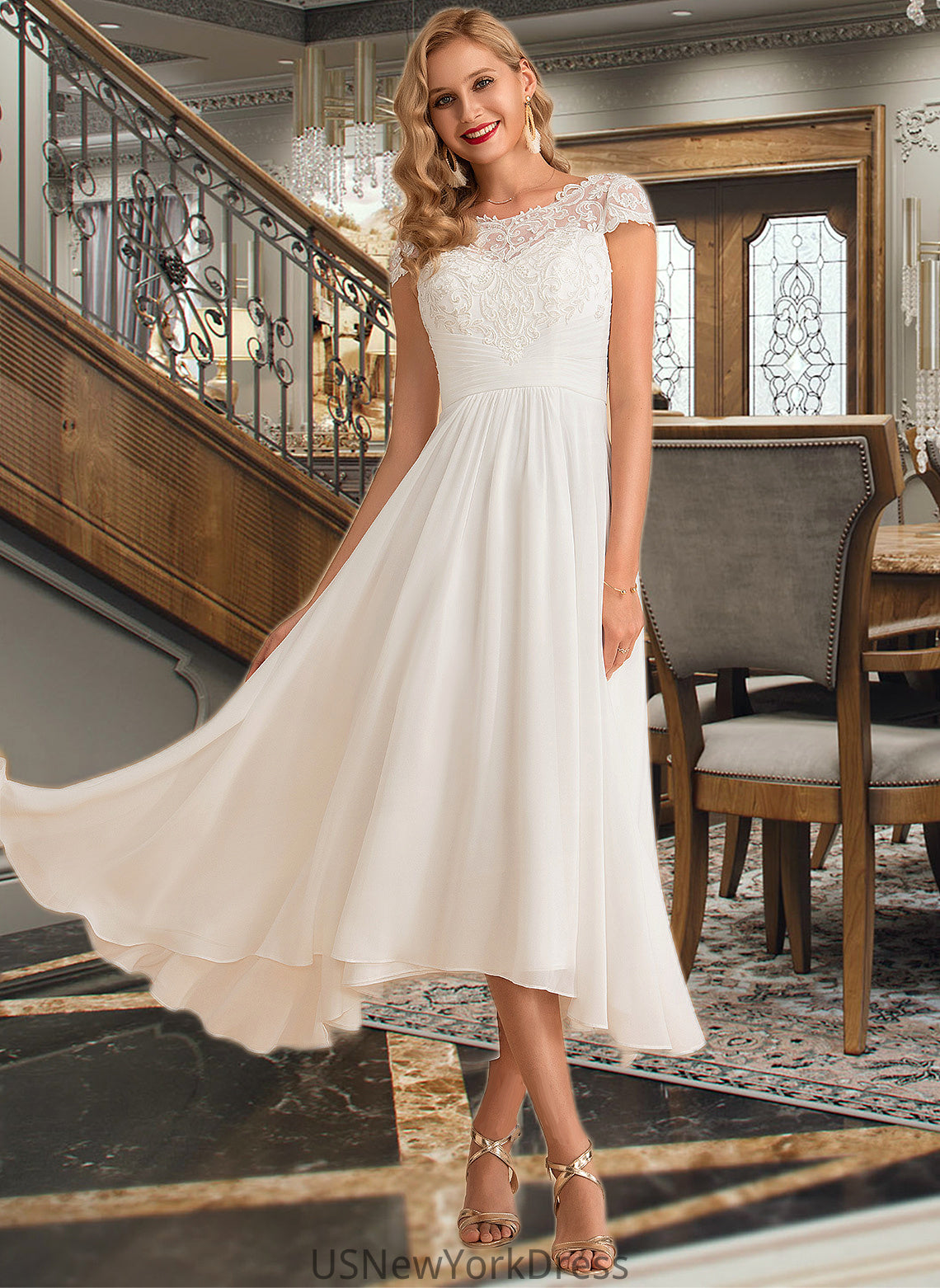 Charlie A-Line Scoop Neck Asymmetrical Chiffon Wedding Dress DJP0013683