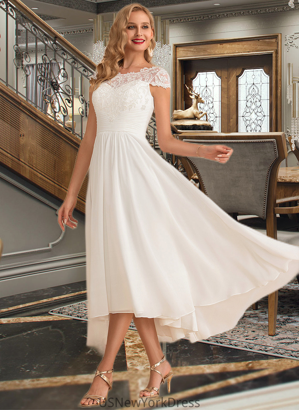 Charlie A-Line Scoop Neck Asymmetrical Chiffon Wedding Dress DJP0013683