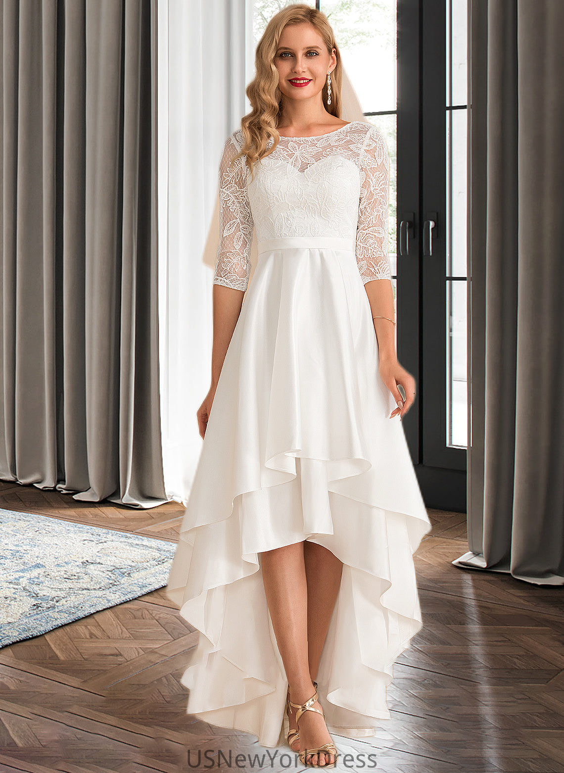 Reagan A-Line Scoop Neck Asymmetrical Satin Lace Wedding Dress DJP0013684