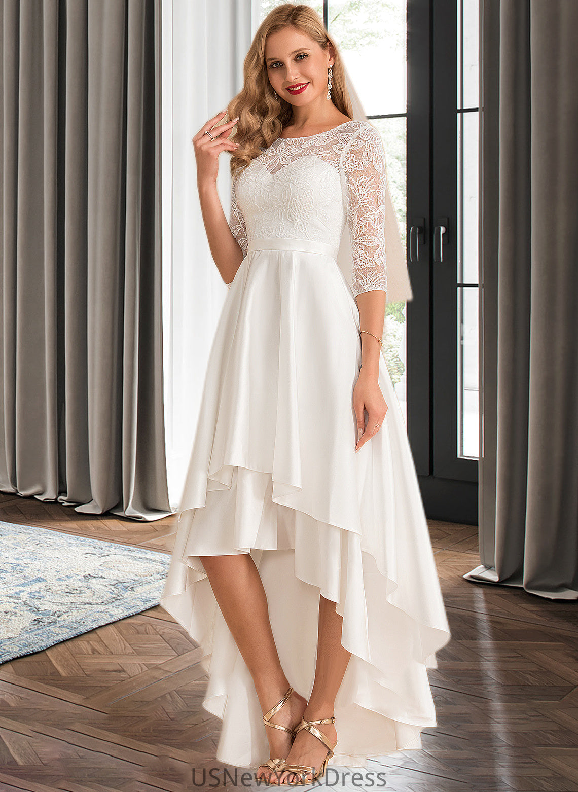 Reagan A-Line Scoop Neck Asymmetrical Satin Lace Wedding Dress DJP0013684