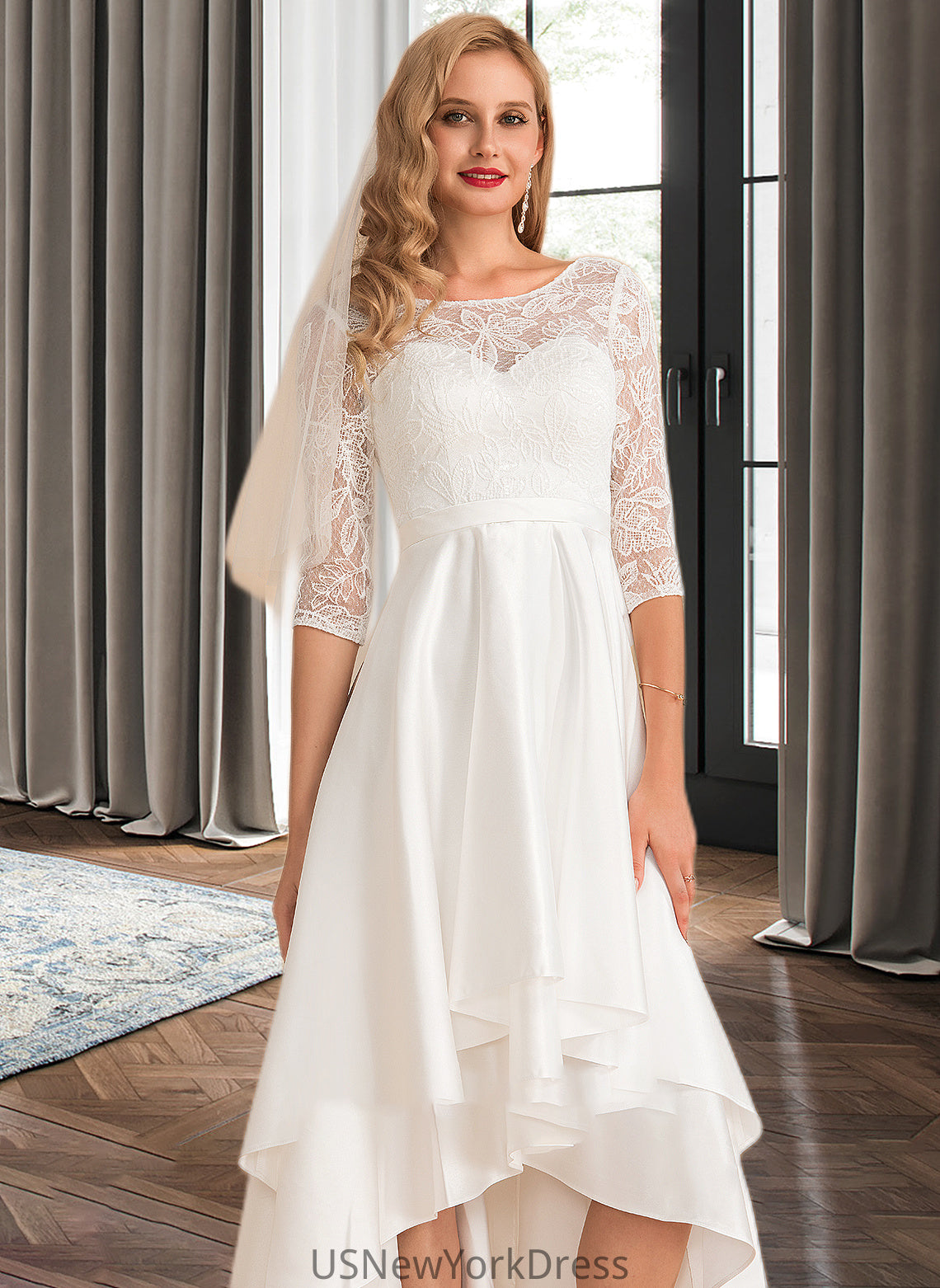 Reagan A-Line Scoop Neck Asymmetrical Satin Lace Wedding Dress DJP0013684