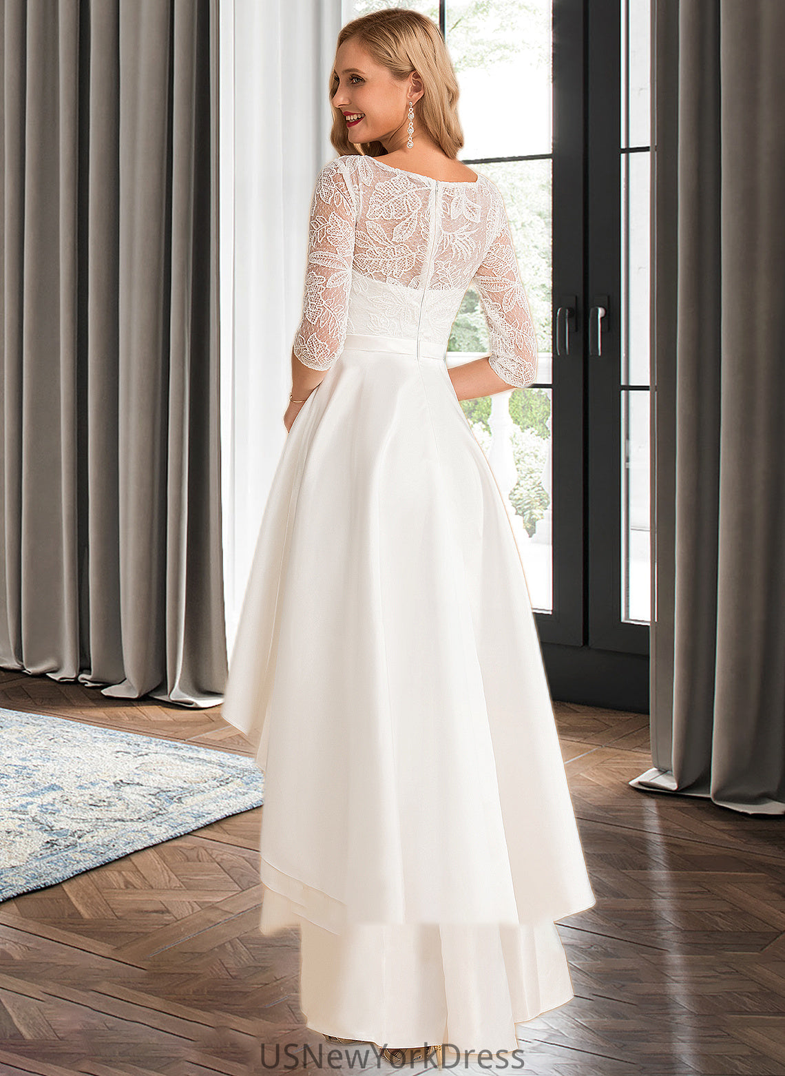 Reagan A-Line Scoop Neck Asymmetrical Satin Lace Wedding Dress DJP0013684