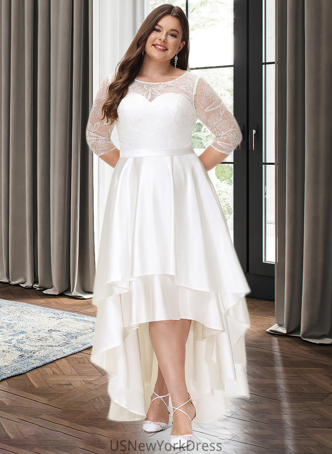 Reagan A-Line Scoop Neck Asymmetrical Satin Lace Wedding Dress DJP0013684