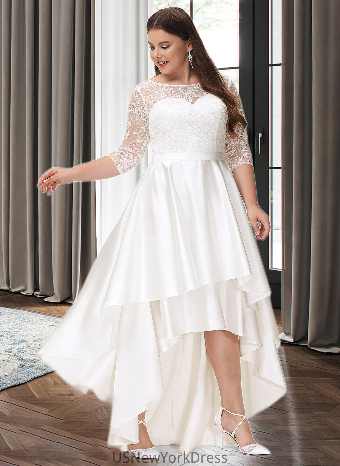 Reagan A-Line Scoop Neck Asymmetrical Satin Lace Wedding Dress DJP0013684