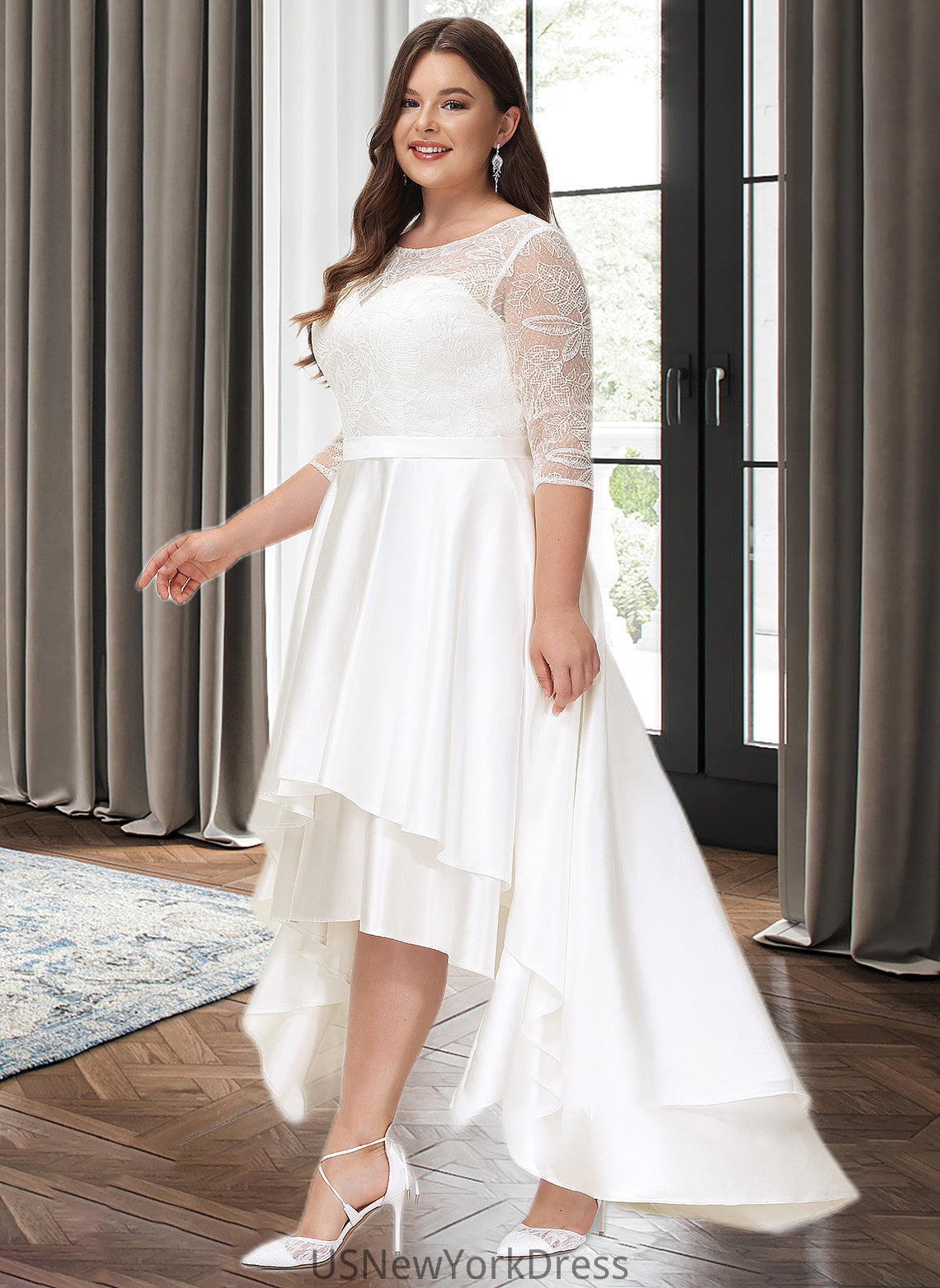 Reagan A-Line Scoop Neck Asymmetrical Satin Lace Wedding Dress DJP0013684