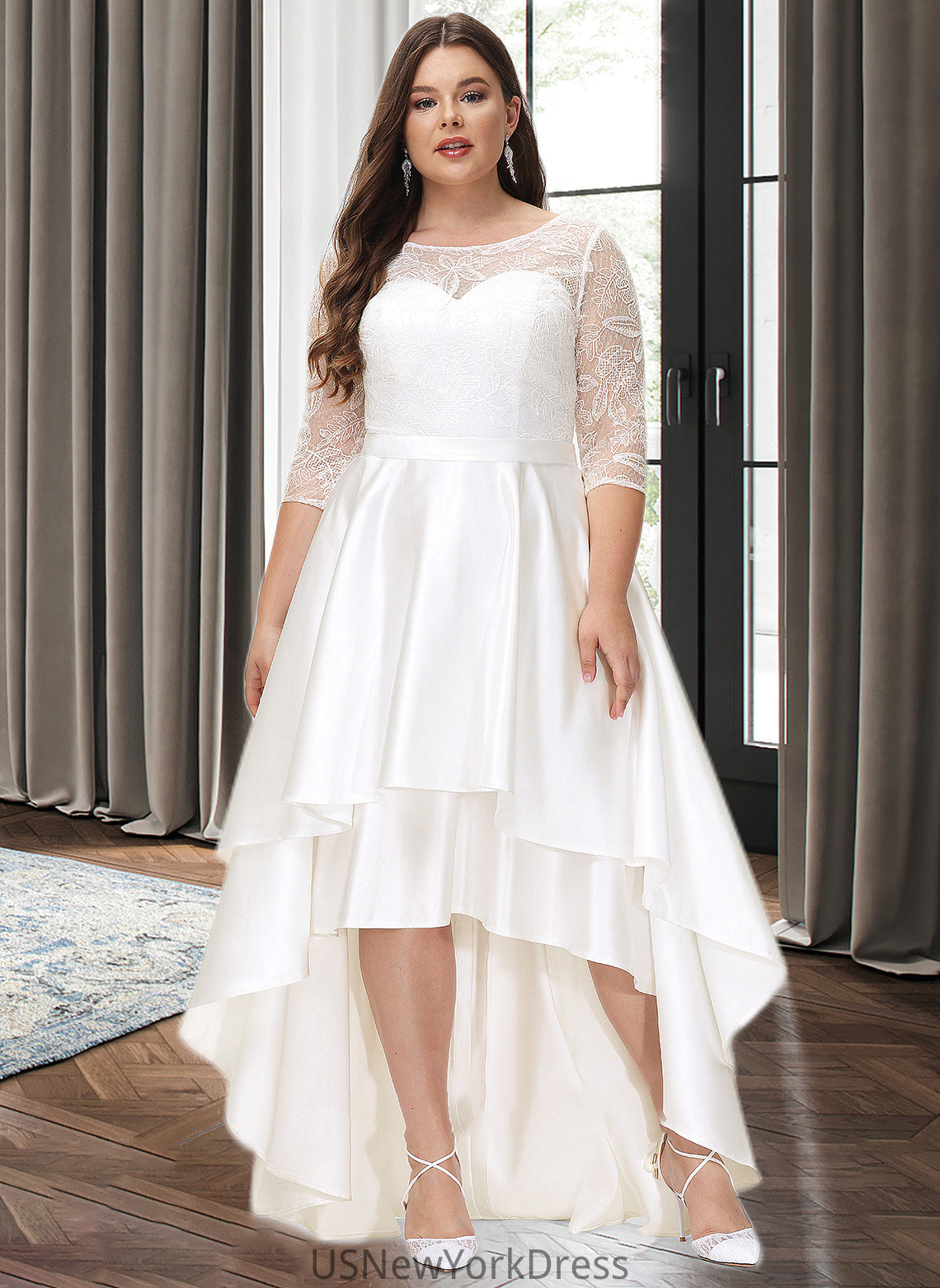 Reagan A-Line Scoop Neck Asymmetrical Satin Lace Wedding Dress DJP0013684