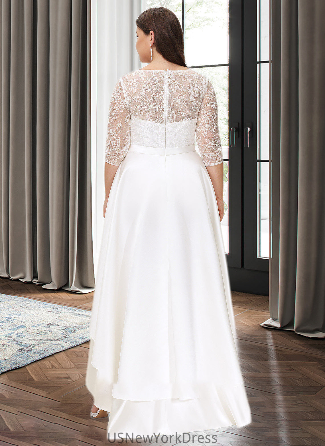 Reagan A-Line Scoop Neck Asymmetrical Satin Lace Wedding Dress DJP0013684