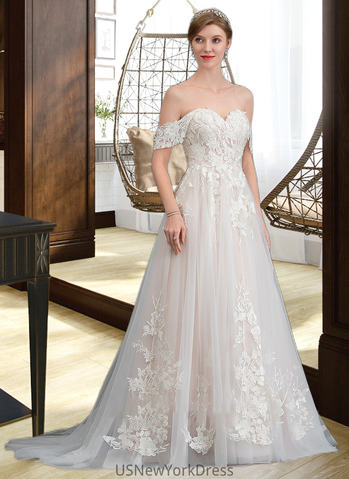 Esther Ball-Gown/Princess Sweetheart Sweep Train Tulle Wedding Dress DJP0013685