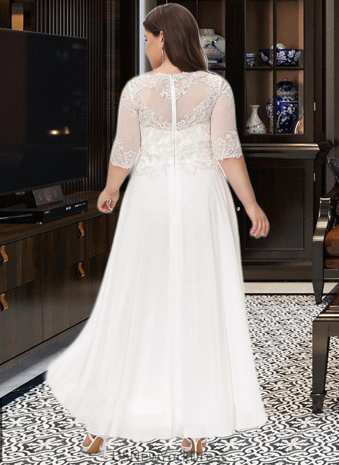 Kassandra A-Line Scoop Neck Asymmetrical Chiffon Wedding Dress With Beading Sequins DJP0013686