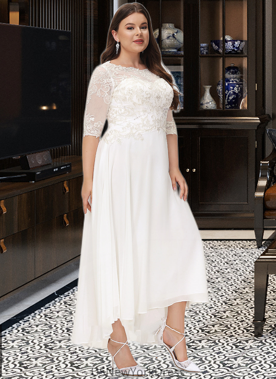 Kassandra A-Line Scoop Neck Asymmetrical Chiffon Wedding Dress With Beading Sequins DJP0013686