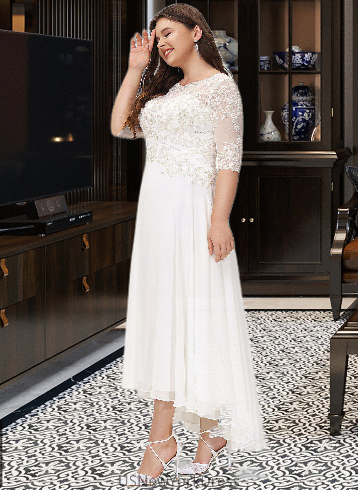 Kassandra A-Line Scoop Neck Asymmetrical Chiffon Wedding Dress With Beading Sequins DJP0013686